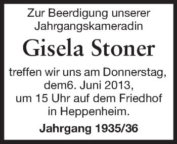 Traueranzeige von Gisela Stoner von Starkenburger Echo