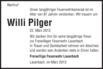 Traueranzeige von Willi Pilger von Odenwälder Echo Traueranzeige von Willi Pilger von Odenwälder Echo