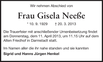 Traueranzeige von Gisela Neeße von Echo-Zeitungen (Gesamtausgabe)