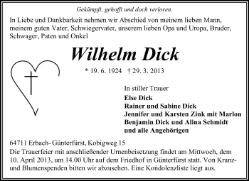 Traueranzeige von Wilhelm Dick von Odenwälder Echo Traueranzeige von Wilhelm Dick von Odenwälder Echo
