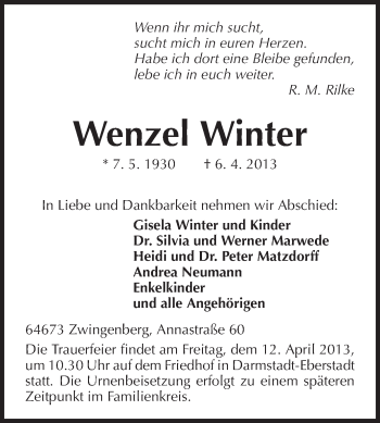 Traueranzeige von Wenzel Winter von Echo-Zeitungen (Gesamtausgabe)