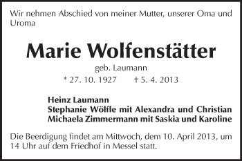 Traueranzeige von Marie Wolfenstätter von Echo-Zeitungen (Gesamtausgabe)