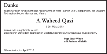 Traueranzeige von Waheed Qazi von Rüsselsheimer Echo, Groß-Gerauer-Echo, Ried Echo