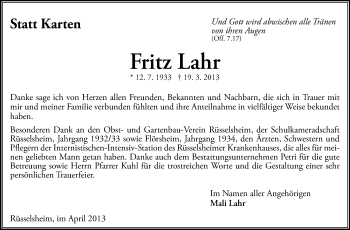Traueranzeige von Fritz Lahr von Rüsselsheimer Echo, Groß-Gerauer-Echo, Ried Echo