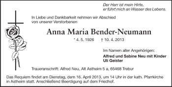 Traueranzeige von Anna Maria Bender-Neumann von Rüsselsheimer Echo, Groß-Gerauer-Echo, Ried Echo Traueranzeige von Anna Maria Bender-Neumann von Rüsselsheimer Echo, Groß-Gerauer-Echo, Ried Echo