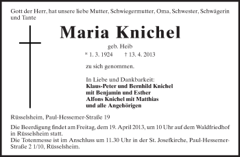 Traueranzeige von Maria Knichel von Rüsselsheimer Echo, Groß-Gerauer-Echo, Ried Echo