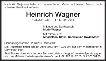 Traueranzeige von Heinrich Wagner von Echo-Zeitungen (Gesamtausgabe)