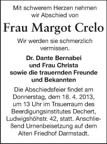 Traueranzeige von Margot Crelo von Echo-Zeitungen (Gesamtausgabe)
