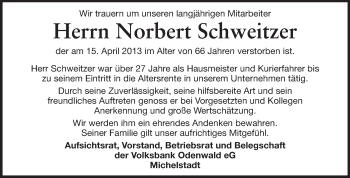 Traueranzeige von Norbert Schweitzer von Echo-Zeitungen (Gesamtausgabe)