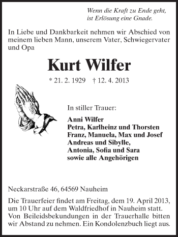 Traueranzeige von Kurt Wilfer von Rüsselsheimer Echo, Groß-Gerauer-Echo, Ried Echo