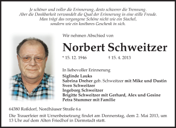 Traueranzeige von Norbert Schweitzer von Echo-Zeitungen (Gesamtausgabe)