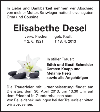 Traueranzeige von Elisabethe Desel von Echo-Zeitungen (Gesamtausgabe)