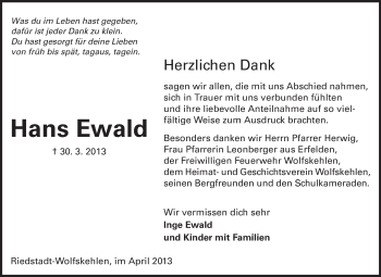 Traueranzeige von Hans Ewald von Rüsselsheimer Echo, Groß-Gerauer-Echo, Ried Echo