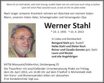 Traueranzeige von Werner Stahl von Odenwälder Echo