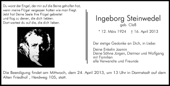 Traueranzeige von Ingeborg Steinwedel von Darmstädter Echo, Odenwälder Echo, Rüsselsheimer Echo, Groß-Gerauer-Echo, Ried Echo