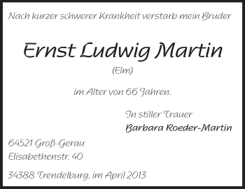 Traueranzeige von Ernst Ludwig Martin von Rüsselsheimer Echo, Groß-Gerauer-Echo, Ried Echo