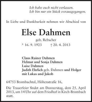 Traueranzeige von Else Dahmen von Odenwälder Echo