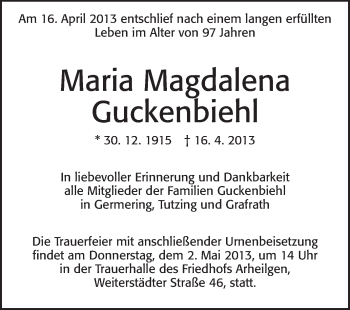 Traueranzeige von Maria Magdalena Guckenbiehl von Echo-Zeitungen (Gesamtausgabe)