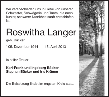 Traueranzeige von Roswitha Langer von Echo-Zeitungen (Gesamtausgabe)
