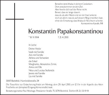 Traueranzeige von Konstantin Papakonstantinou von Echo-Zeitungen (Gesamtausgabe)