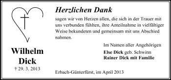 Traueranzeige von Wilhelm Dick von Odenwälder Echo Traueranzeige von Wilhelm Dick von Odenwälder Echo