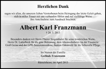 Traueranzeige von Albert Karl Franzmann von Rüsselsheimer Echo, Groß-Gerauer-Echo, Ried Echo