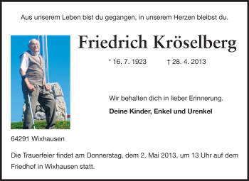 Traueranzeige von Friedrich Kröselberg von Echo-Zeitungen (Gesamtausgabe)