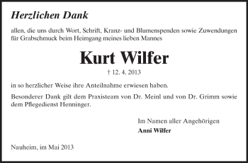Traueranzeige von Kurt Wilfer von Rüsselsheimer Echo, Groß-Gerauer-Echo, Ried Echo