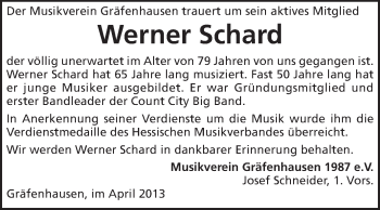 Traueranzeige von Werner Schard von Echo-Zeitungen (Gesamtausgabe)