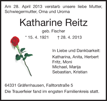 Traueranzeige von Katharine Reitz von Echo-Zeitungen (Gesamtausgabe)