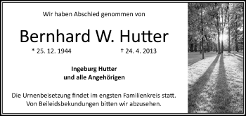 Traueranzeige von Bernhard Hutter von Odenwälder Echo