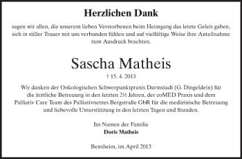 Traueranzeige von Sascha Matheis von Rüsselsheimer Echo, Groß-Gerauer-Echo, Ried Echo