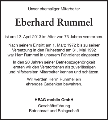 Traueranzeige von Eberhard Rummel von Echo-Zeitungen (Gesamtausgabe)