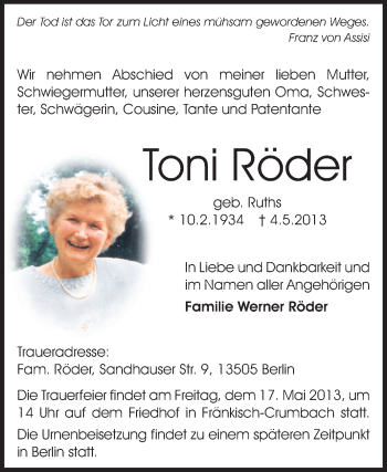 Traueranzeige von Toni Röder von Echo-Zeitungen (Gesamtausgabe)