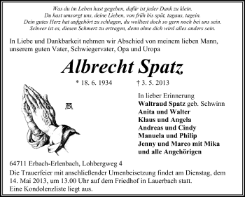 Traueranzeige von Albrecht Spatz von Odenwälder Echo