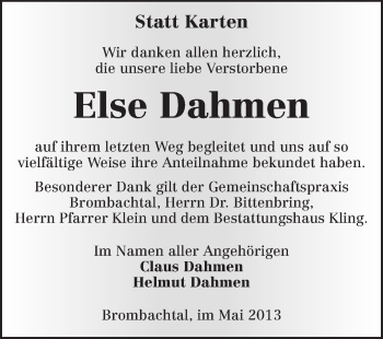 Traueranzeige von Else Dahmen von Odenwälder Echo