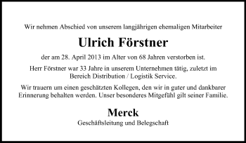 Traueranzeige von Ulrich Förstner von Echo-Zeitungen (Gesamtausgabe)