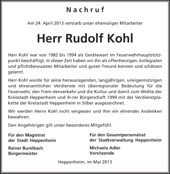 Traueranzeige von Rudolf Kohl von Starkenburger Echo