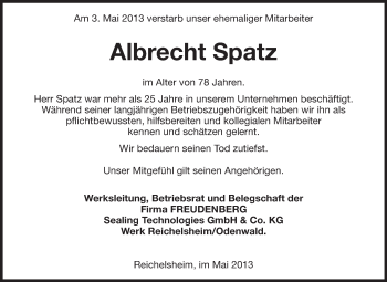 Traueranzeige von Albrecht Spatz von Odenwälder Echo