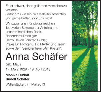 Traueranzeige von Anna Schäfer von Rüsselsheimer Echo, Groß-Gerauer-Echo, Ried Echo