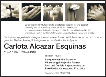 Traueranzeige von Carlota Alcazar Esquinas von Odenwälder Echo