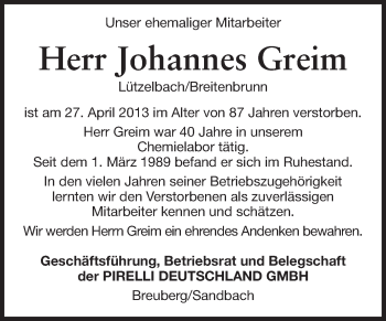 Traueranzeige von Johannes Greim von Odenwälder Echo