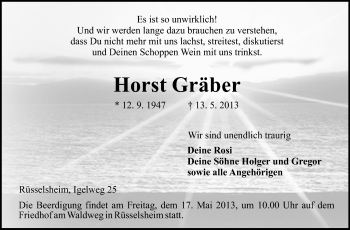Traueranzeige von Horst Gräber von Rüsselsheimer Echo, Groß-Gerauer-Echo, Ried Echo