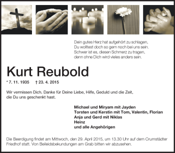 Traueranzeige von Kurt Reubold von Rüsselsheimer Echo, Groß-Gerauer-Echo, Ried Echo