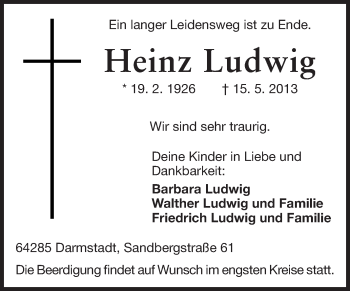 Traueranzeige von Heinz Ludwig von Darmstädter Echo, Odenwälder Echo, Rüsselsheimer Echo, Groß-Gerauer-Echo, Ried Echo