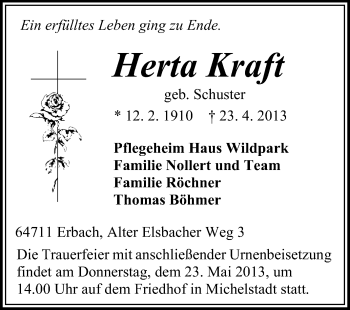 Traueranzeige von Herta Kraft von Odenwälder Echo