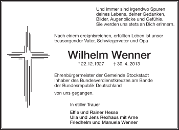 Traueranzeige von Wilhelm Wenner von Rüsselsheimer Echo, Groß-Gerauer-Echo, Ried Echo