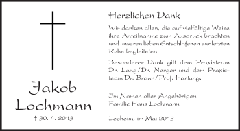 Traueranzeige von Jakob Lochmann  von Rüsselsheimer Echo, Groß-Gerauer-Echo, Ried Echo