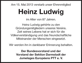 Traueranzeige von Heinz Ludwig von Echo-Zeitungen (Gesamtausgabe)