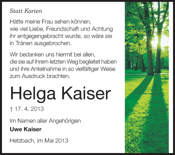 Traueranzeige von Helga Kaiser von Odenwälder Echo